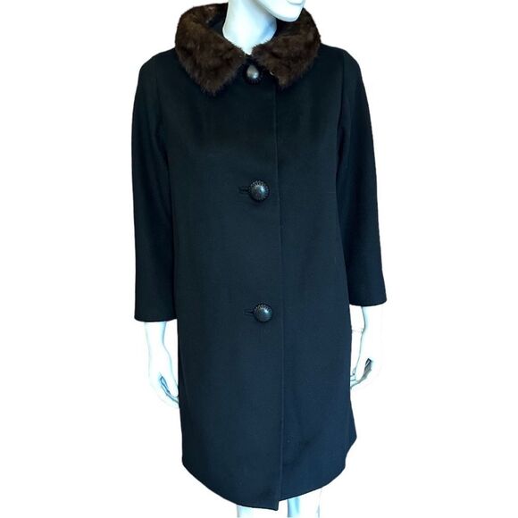 50s Coat Black Vintage Wool Fur Collar Fully Lined Size L - Picture 7 of 11